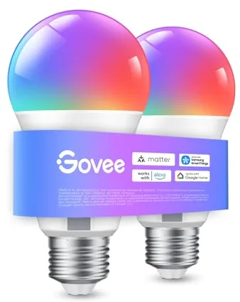 Govee Bombilla LED E27 Inteligentes WiFi y Bluetooth, Compatible con SmartThings, Matter, Alexa y Google Assistant, 800LM, 16 Millones de Colores DIY RGBWW, Bombilla Inteligente, Juego de 2