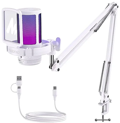 MAONO Microfono Gaming, USB Micrófono Condensador con Cancelación de Ruido para Streaming Podcast Studio, Compatible con PS5/PS4/Mac con Luces RGB, Botón de Silencio, Control de Ganancia, Blanco