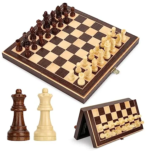 Peradix Ajedrez Madera Magnético con 2 Reinas Adicionales, Tablero Ajedrez Plegable Profesional para Niños y Adultos, Juegos Al Aire Libre o Regalos (30.2×30.2cm), PUZ-33