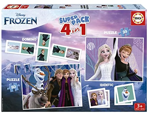 Educa - Superpack Frozen, Juegos de Mesa Infantiles como Domino, Identic y 2 Puzzles de 25 y 50 Piezas, Múltiples Posibilidades de Juego para Jugar Solo o acompañado, A Partir de 3 años (19737)