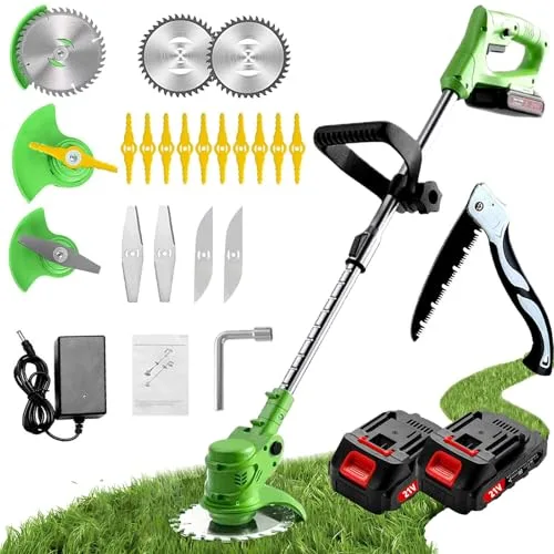 Desbrozadora Batería, Desbrozadora Electrica con Cuchilla, Cortabordes Bateria con 2 Baterías de Iitio de 21V, Longitud Ajustable, Adecuado para Céspedes Y Jardines Pequeños Y Medianos, Cortadora