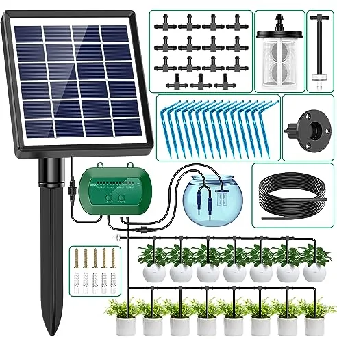 AnseTo Sistema de Riego Solar para Jardín, Kit Riego por Goteo Solar con 15 Micro Cabezales de Goteo, Riego por Goteo Automatico para Vacaciones Terrazas de Balcones Invernaderos Macetas Plantas