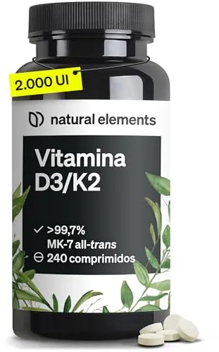 Vitamina D3 y K2 - >99,7% all-trans MK-7 & 2000 UI Vitamina D3-240 comprimidos - alta dosis, alta biodisponibilidad - sin aditivos innecesarios