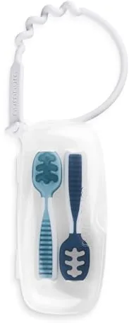 NumNum GOOtensils Cucharas Bebé Aprendizaje - Etapa 1+2 Precucharas de Silicona Bebé 6+ Meses - Autoalimentación BLW Cubiertos Bebé - Baby Led Weaning - Libre de BPA - Pack 2 (Azul/Azul Marino)