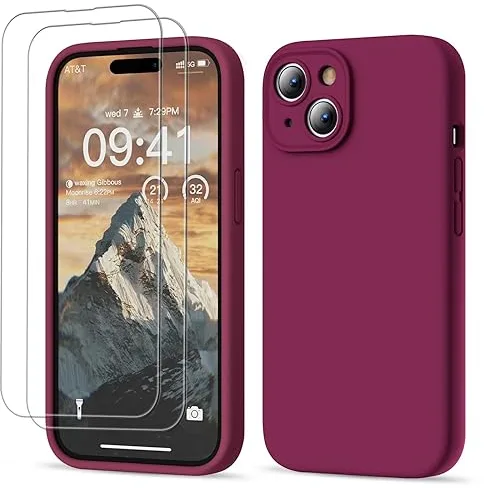 GOODVISH 3 en 1 Funda para iPhone 15 de Silicona Líquida, Carcase con 2 Piezas Templado Protectora, 360 Protección de Cuerpo Completo la Pantalla y la Cámara AntiChoques iPhone 15 Case 6,1",Rojo Vino
