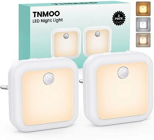 Luz Nocturna con Sensor de Movimiento, 2 Piezas Luz Nocturna Infantil Enchufe Regulable con 3 Modos y Color, Luz de Noche, Luz Quitamiedos Infantil para Armario, Escalera, Pasillo, Habitación, Sala
