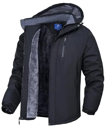 Zzkouine Chaqueta softshell de invierno para hombre, impermeable con forro polar y capucha extraíble, impermeable y resistente al viento, Negro , L