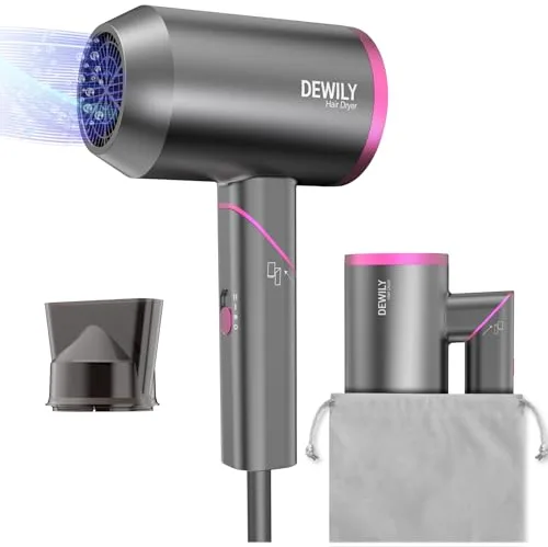 Secador Pelo Profesional Iónico - DEWILY Secadores de Pelo iones 1800W, 3 Temperaturas, Concentrador, Secador de Pelo Pequeño Compact, Secador de Viaje, Plegable, 2 Metros de Cable