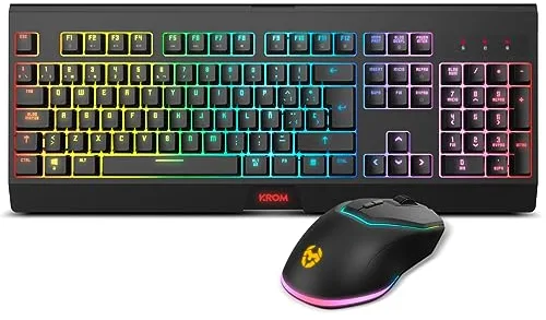 KROM Kabala - Kit Teclado Membrana inalámbrico RGB Rainbow retroiluminado, 6 Teclas Anti-Ghosting, Raton Óptico inalámbrico 6 Niveles dpi 800-4800 on-The-Fly, Compatible PC, Layout español, Negro