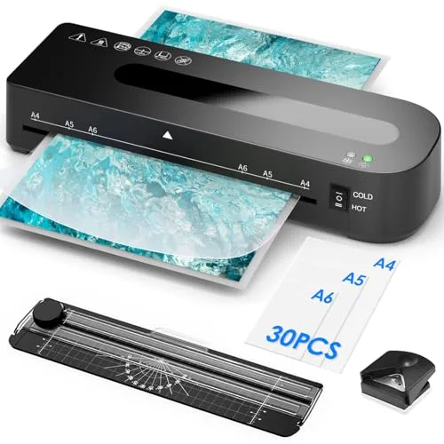 Plastificadora A4 Máquina Laminadora 4 en 1 con 30 Bolsas de Plastificación para A4/A5/A6, Calentamiento Rápido, Plastificadora Frío Caliente con Cortador de Papel y Redondeador de Esquinas