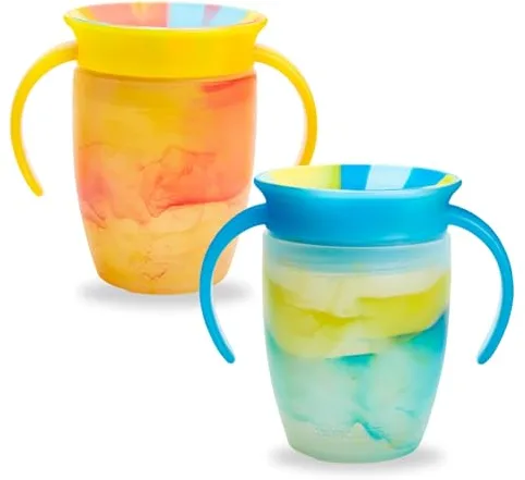 Munchkin Miracle 360 6+ Month 7oz Baby Sippy Cups (2-Pack). Free Flow Beaker for Toddlers. Trainer Cup, BPA-Free, Spill-Free, Dishwasher-Safe Baby Water Bottle with Easy-Grip Handles. (Blue/Yellow)