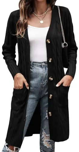 Aottori Cárdigan de Punto Mujer Manga Larga Botones Cardigans Suéter Casual Abrigo Frente Abierto Jerseis Chaqueta con Bolsillo Negro XL