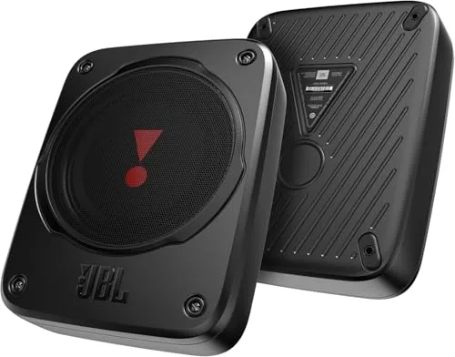 JBL BassPro Lite: Subwoofer Activo Coche Autoamplificado y Ultracompacto de Harman Kardon, Fácil de instalar Bajo el Asiento, 200W Amplificador Integrado, Compatible con Echo Auto, Conectable en Serie