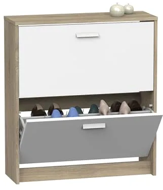 MUEBLES PITARCH | Zapatero Recibidor Mueble Auxiliar Estrecho 2 Puertas para Entrada Blanco y Roble Cambrian, 12 Pares de Zapatos, 82x74x25cm, Colección Tibet