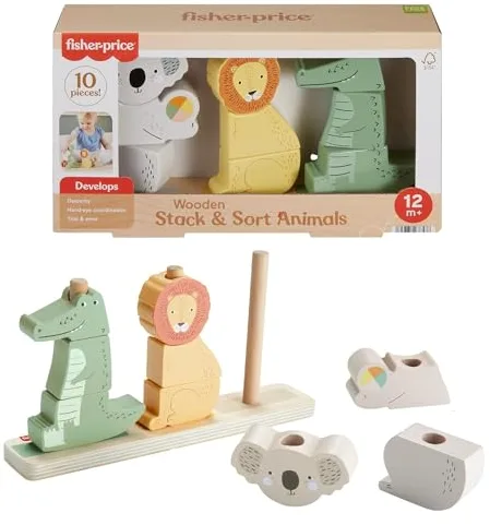 Fisher-Price Bloques apilables con forma de animales (koala, león y cocodrilo), 10 piezas fabricadas con material certificado FSC, juego inspirado en Montessori, para bebés +12 meses (HXV04)
