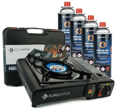Eurocatch Estufa de Gas - incl. 4 bombonas de gas - Cocina a Gas - Estufa de camping - Quemador - Placa vitrocerámica - Maletín de transporte