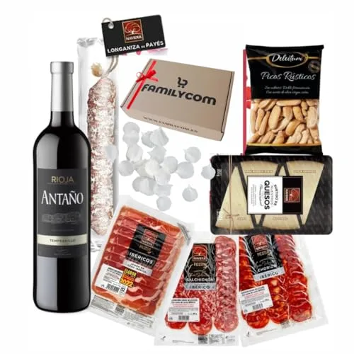 Familycom Cesta Gourmet de Ibéricos Navidul para Regalar - Surtido de Jamón Ibérico, Quesos, Embutidos, Aceitunas, picos, Vino tinto - Regalos originales mujer y hombre