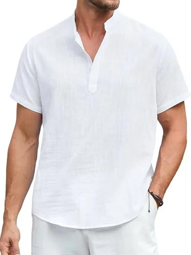 Enlision Camisa Blanca Hombre Lino de Algodón Manga Corta Cuello Mao Camisas Casual para Hombres Verano Playa Henley Camisetas con Botónes Tops L