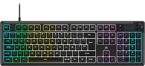 Corsair K55 Core RGB Teclado de Membrana con Cable para Juegos – QWERTY español – Interruptores Silenciosos y Sensibles – Resistente a Salpicaduras – RGB de Diez Zonas – PC, Mac –Negro