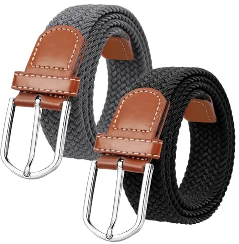 flintronic 2PCS Cinturón Trenzado Elástico, Vintage Cinturón Trenzado Elástico, Cinturón Tejido Cinturón Golf para Hombres y Mujeres, Ancho 3.3 cm/Largo 107cm - Negro+Marrón
