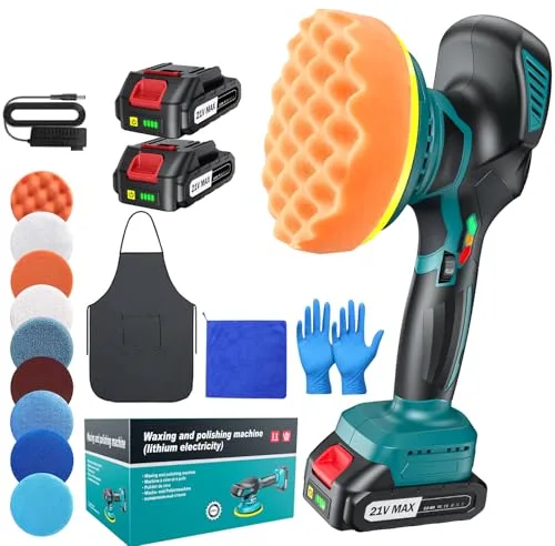 Pulidora Coche Inalámbrica 150 mm Orbital Doble Acción con 2×21V 2000mAh Baterías, Kit 13 Piezas, 6 Velocidades Ajustables 5500RPM, Pulidora Batería para Encerar, Eliminar Arañazos y Renovar Pintura