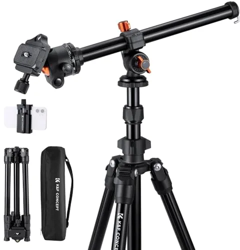 K&F CONCEPT O234A1+BH-36 Tripode Camara con Brazo Extensible 195CM, Trípode Viaje Cámara con Soporte de Teléfono, Trípode Ligero en Aluminio
