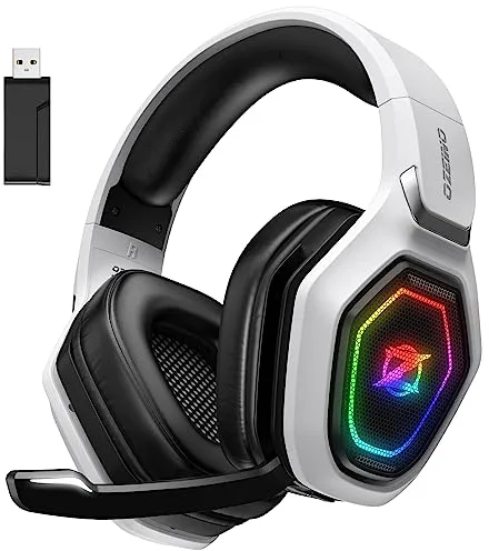 Ozeino Cascos Gaming Inalámbricos para PC/Ps5/Ps4, Auriculares Gaming Inalámbricos de 2,4GHz Wireless+Bluetooth, Baja Latencia Calidad de Sonido sin Pérdidas, Duración 30Hr+ Blanco