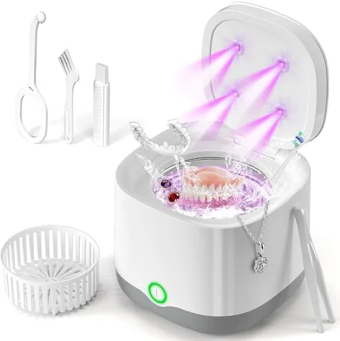 MSDUNOVR Limpiador Ultrasonidos Portátil 45000Hz con Luz UV | 24W 200ml | Para Prótesis Dentales, Retenedores, Alineadores, Férulas, Joyas | Cámara de Limpiador Ferula Dental
