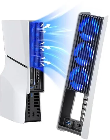 KIWIHOME Ventilador de Refrigeración para PS5 Slim, Con Ajuste de Velocidad Auto, Accesorios de Refrigeración Silenciosos con LED y USB3.0 Externo, para Disc y Ediciones Digitales, No para PS5 Pro