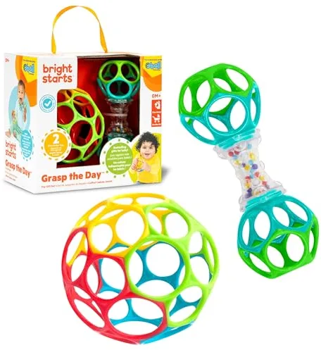 Bright Starts, Set de Regalo Grasp the Day, Oball de Fácil Agarre, Pack de 2 Juguetes con Pelota y Sonajero, Sin BPA, Unisex, Desde Recién Nacidos en Adelante