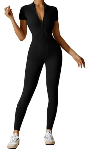 Litthing Mono de Yoga Mujer Ropa Deportiva con Cremallera Mangas Cortas Traje Una Pieza Jumpsuit Sexy Elásticos Largo Body Overol de Gimnasio Entrenamiento Fitness Running