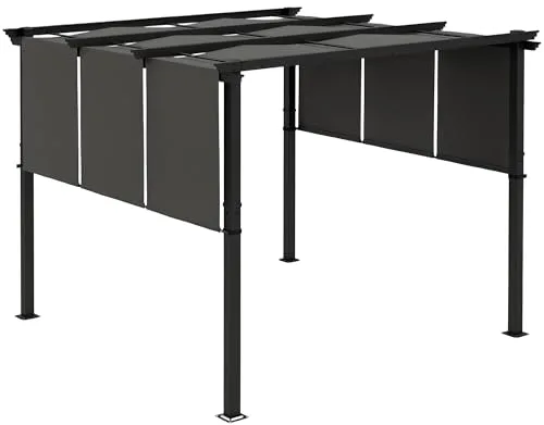 Outsunny Pérgola de Jardín 3x3 m Cenador para Exterior con Techo Retráctil Marco de Acero Impermeable y Anti-UV para Terraza Patio Gris Oscuro