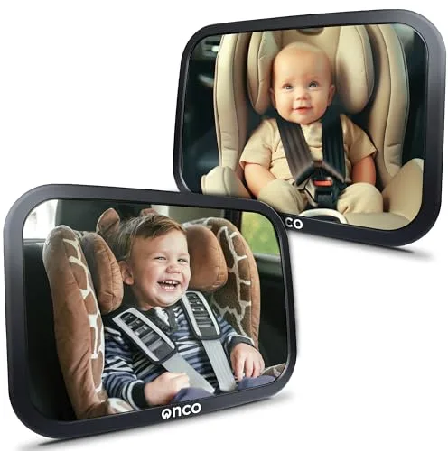 Onco Espejo Coche Bebé Asiento Trasero (Pack de 2) - 100% Irrompible, Espejo Bebé Coche, Ajuste Universal, Rotación de 360°, Resistente a Las Sacudidas