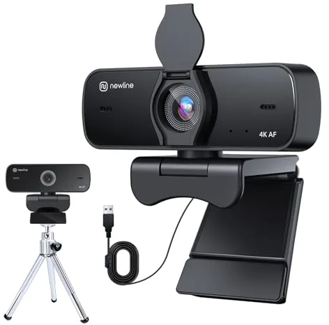NewlineWork 4k PC Webcam con micrófonos duales con cancelación de Ruido, Enfoque automático, corrección de luz, con Obturador de privacidad y trípode, USB 2.0 UHD Webcam para PC Mac Skype Streaming