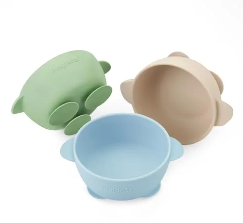 PandaEar 3 Tazones con Succión para Bebés, Tazones de Silicona Antideslizantes para Niños y Bebés, Perfectos para el Baby-Led Weaning, Sin BPA - Azul/Verde/Marrón