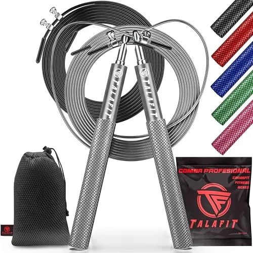 Comba Crossfit Profesional Talafit | Cuerda Saltar Fitness Ajustable | Comba de saltar | Comba Boxeo | Cuerda para saltar con rodamientos de alta velocidad de giro | FundA incluida (PLATA)