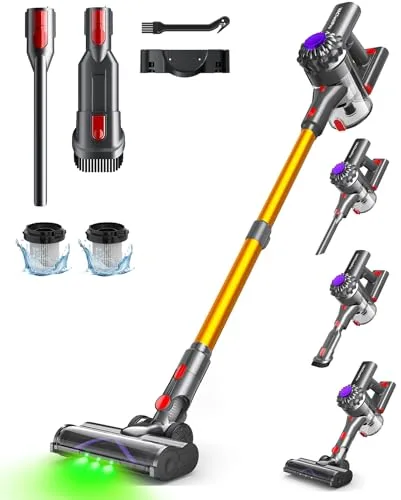 VACTechPro Aspiradora sin Cable,35kPa Aspirador de Mano,6 en 1 Inalámbrica con 35minutos de autonomía y batería extraíble,Aspirador Escoba Ideal para Pelo de Mascota/Alfombra/Suelo Duro&Oro