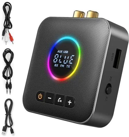 AXFEE USB Bluetooth 5.4 HiFi Receptor y Transmisor Adaptador 2 en 1, Salidas 3.5mm Jack y RCA,con Modo de Graves, para Estéreo/Altavoz/Teléfono/PC/Tableta/Portátil
