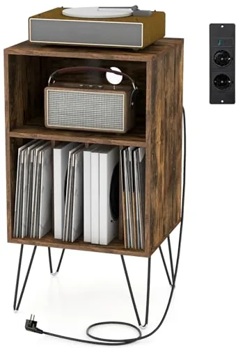 GOPLUS Mesa Auxiliar con Estación de Carga USB Tipo C, Soporte para Discos de 3 Niveles con 5 Compartimentos de Almacenamiento, Estación de Carga y Patas de Metal Resistentes, 53 x 46 x 87 CM (Marrón)