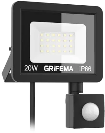 GRIFEMA Foco LED Exterior 20W con Sensor de Movimiento, 2200LM Foco Proyector LED, 6500K Blanco Frío Floodlight para Casa, Garaje, Patio, Camino, Jardín, Sin Enchufe