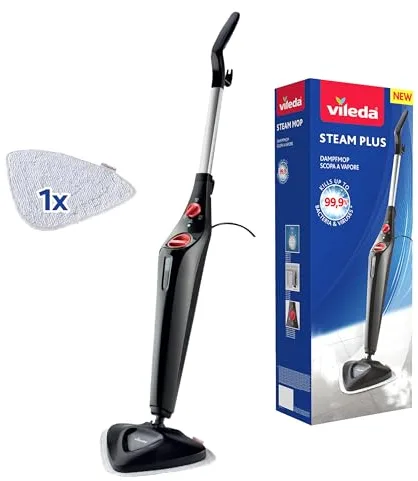Vileda Steam PLUS, Mopa a Vapor, Limpiador a Vapor para un Rendimiento de Limpieza Higiénico, Elimina Hasta el 99.9% de Bacterias y Virus, Todo Tipo de Suelos, sin Uso de Productos Químicos