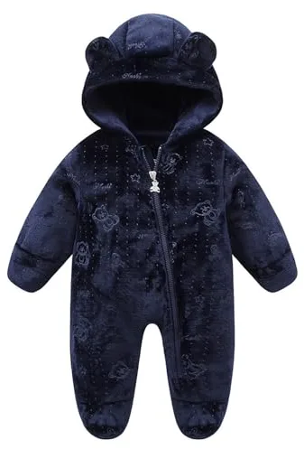 WYTbaby Traje de nieve para bebé de forro polar con capucha, mono para invierno, otoño, cálido, para niños y niñas, 0-12 meses, azul marino, 0-3 meses