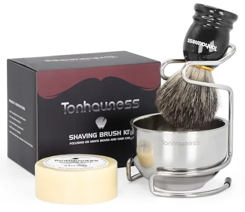 Tonhawness Kit de brochas de afeitar para hombre, juego de brochas de afeitar 4 en 1, incluye cepillo de afeitar de pelo de tejón, cuenco de afeitar de acero inoxidable, soporte y jabón de afeitar