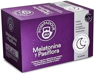Pompadour | Melatonina y Pasiflora | Contribuye a Disminuir el Tiempo Necesario para Conciliar el Sueño | 1 Mg de Melatonina por Bolsita | 15 Bolsitas de 2 Gr