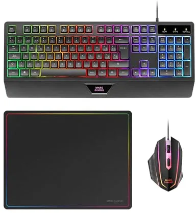 Mars Gaming MCP124, Layout Español, Combo Gaming 3en1, Teclado Ergonómico H-Mech LED RGB, Ratón RGB 3200DPI Switches HUANO, Alfombrilla Nanotextil 360x260mm, Compatibilidad Multiplataforma, Negro