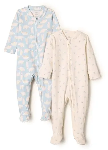 Amazon Essentials x Sofia Grainge Pijama de Algodón con Pies Unisex bebé, Pack de 2, Azul Conejito Oso, 0 meses