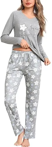 Litherday Pijama Mujer Invierno Algodón 2 Piezas Pijama Largo Mujer Manga Larga con Cuello en V y Bolsillos Ropa de Dormir con Estampado de Estrella,Grises+Estrellas,XXL