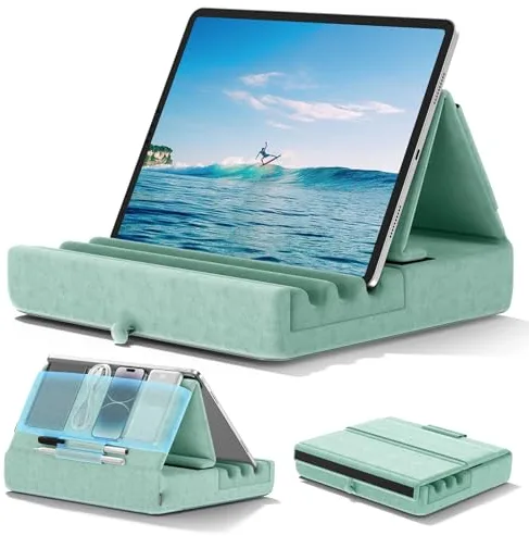 KDD Soporte de Almohada para Tablet,Soporte iPad Plegable para Cama,Regazo,Cojín para Tablet con Bolsillo y Soporte para Lápiz, para iPad Pro 12.9 10.5 9.7 Air Mini 6 5 4 3 E-Reader(Verde)