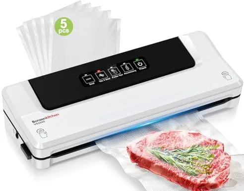 Bonsenkitchen Envasadora al Vacío 4 en 1 para Uso Doméstico y Comercial, Maquina al Vacio de Alimentos, Incluyendo 5 Bolsas (Blanco)