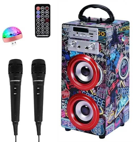 Dynasonic Karaoke Altavoz Bluetooth Portatil, 2 Micrófonos, USB/SD/AUX, Luces LED, Batería Recargable. Regalo para niños, comunión, cumpleaños y Fiestas